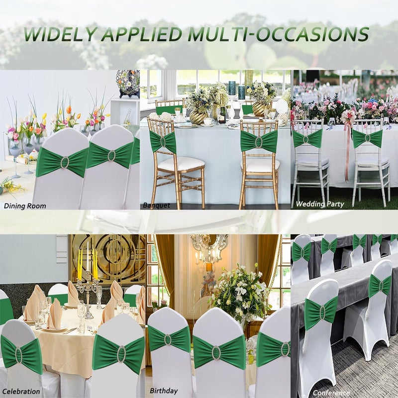 JFDYDM 50 Pack Emerald Green Chair Sashes, Spandex Green Chair Bands Chair Bows Ties with Buckle Slider for Christmas Party Birthday Event Decorations - Image 5